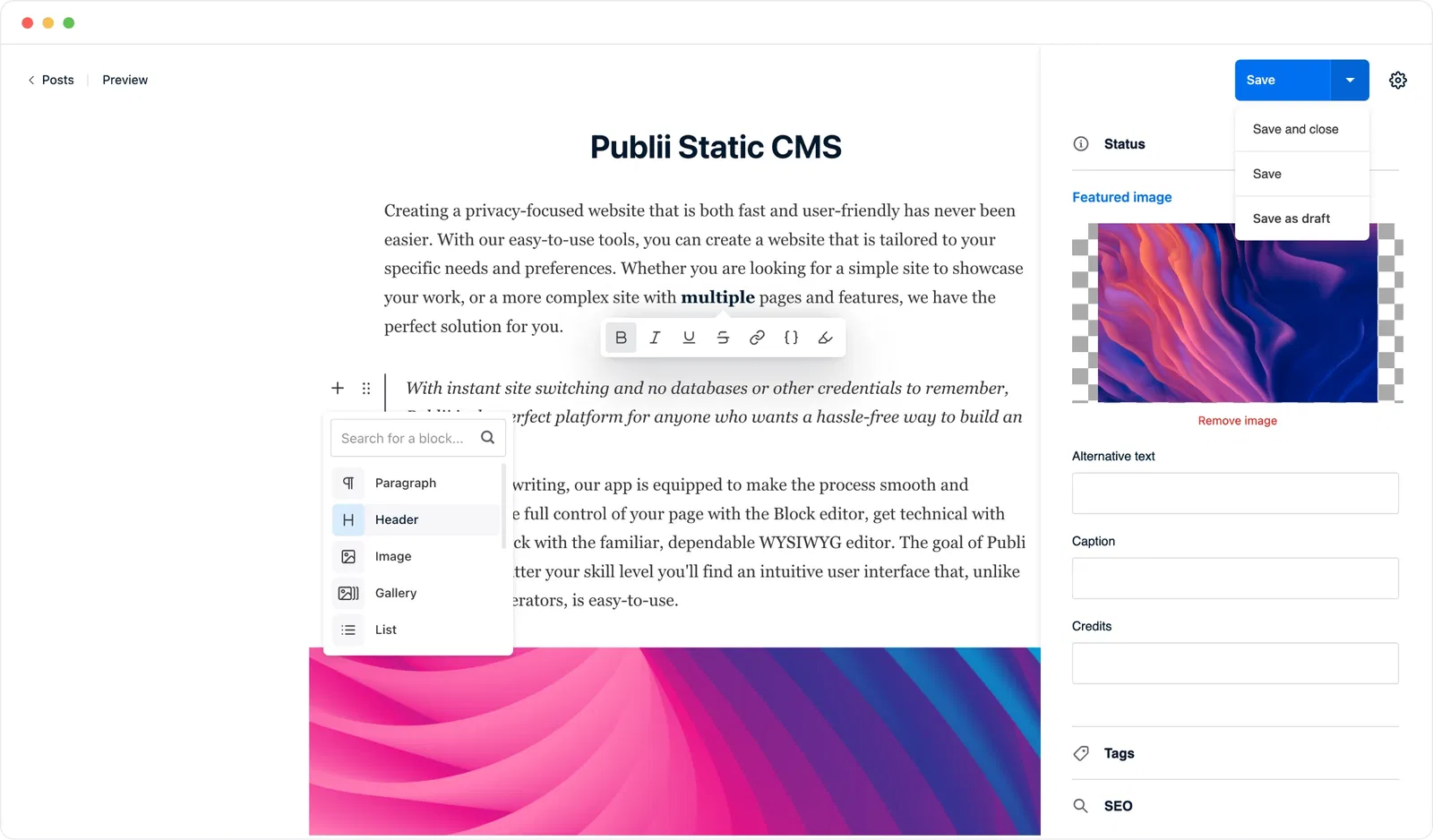 Screenshot of Publii CMS